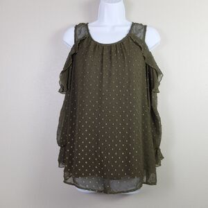 Roz & Ali Olive Cold Shoulder Swiss Dot Blouse Size Small